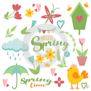Spring easter clip art set in simple flat hand drawn style. Vector collection illustration isolated on white background. Flowers,