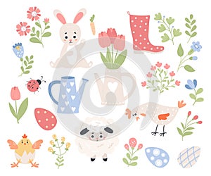 Spring Easter collection. Easter Bunny, Sheep, Chicken and Rooster, Eggs and Flowers, Rubber Boot and Watering Can
