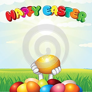 Spring Easter Landscape with Bunny and Eggs