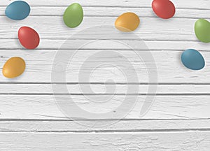 Spring, easter mock up scene with colorful eggs and white wooden background, empty space for your text, top view