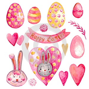 Spring Easter set of watercolor elements Rabbit heart egg on white isolated background