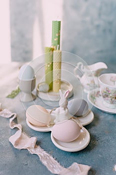 Spring Easter still life, Easter eggs in pastel colors