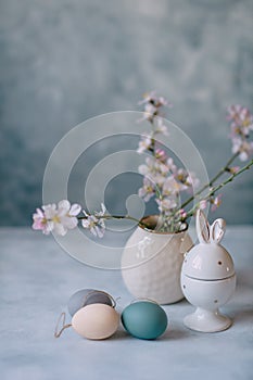 Spring Easter still life, Easter eggs in pastel colors