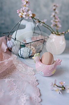 Spring Easter still life, Easter eggs in pastel colors