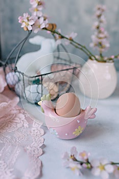 Spring Easter still life, Easter eggs in pastel colors