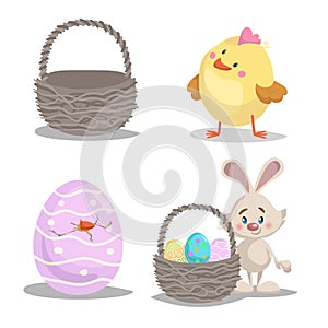 Spring easter symbols and seasonal vector illustrations set. Empty basket, cute chick boy, easter bunny with basket and painted ha