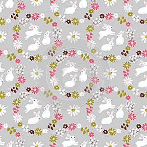 Spring, Easter vector seamless pattern cute retro rabbits, wreath of leaves and blossom little flowers