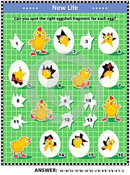 Spring or Easter visual logic puzzle with newborn chicks, eggs and eggshell fragments