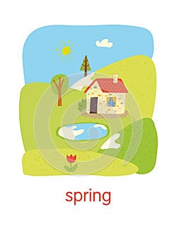 Spring. Educational flash card.