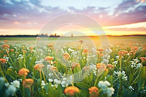 spring equinox sunset over a flower field