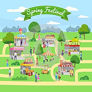 Spring Fair festival. Food street fair, market family festival. People walking eating street food, shopping, have fun