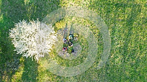 Spring family cycling on bikes aerial drone view from above, happy active parents with children have fun and relax on grass