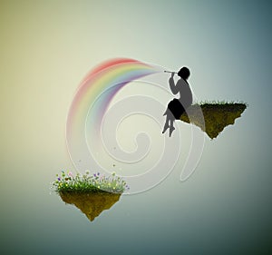 Spring fantasy, spring melody, boy playing trumpet and sitting on flying rock,