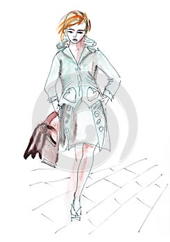 Spring fashion - hand drawn beautiful woman in jacket and skirt photo