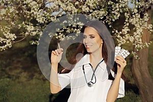 Spring Female Doctor Deciding with Vaccine Syringe and Pills