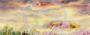 Spring festival, Watercolor landscape panorama painting on paper colorful of Village and flowers