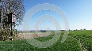 Spring field with a gamekeepers hideout