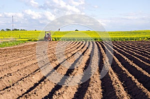 Spring field with tillage and tractor photo