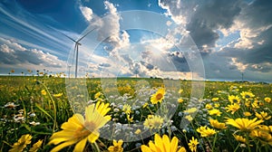 In the spring field, turbines spin under cloudy skies, harnessing clean power