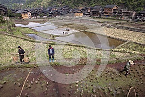 Spring field work of Chinese farmers from the mountain village.