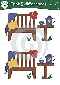 Spring find differences game for children. Garden preschool activity with cozy bench, tea table, cup, pillow. Attention skills