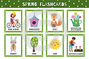 Spring flashcards collection for kids. Flash cards set with cute characters