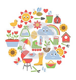 Spring flat icons in circle isolated on white