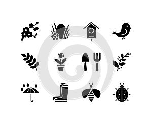 Spring flat line icons set. Flowers and Gardening Equipment, springtime. Simple flat vector illustration for web site or