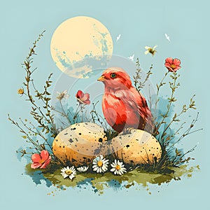 Spring Fling: Whimsical Easter Illustration with Green, Red, and Blue