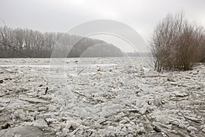 Spring flood, ice floes on the river