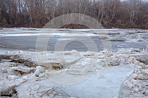 Spring flood, ice floes on the river