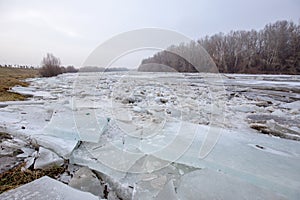 Spring flood, ice floes on the river