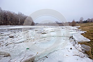 Spring flood, ice floes on the river