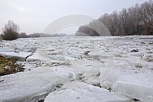 Spring flood, ice floes on the river