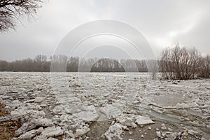 Spring flood, ice floes on the river