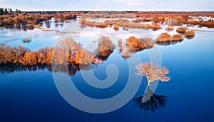 Spring flood rural landscape. Trees, meadow, bushes, fields, country road under High Water inundation. Sky, clouds reflection in