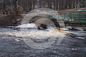 Spring flood. Rushing water in the river. Dark ferrous water rushes in the stream. Karelia, Lososinka River in spring