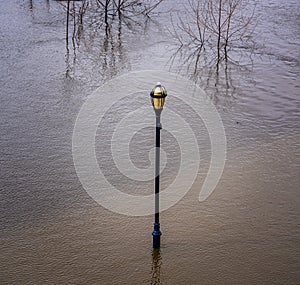 Spring Flooding along City River banks. Gold crown Ornate light pole surrounded by flood waters
