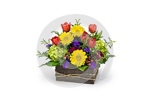 Spring Floral Arrangement in a Wood Garden Box with Tulips and Daisies - Floristry