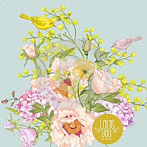 Spring Floral Bouquet with Birds, Greeting Card