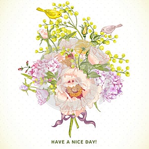 Spring Floral Bouquet with Birds, Greeting Card