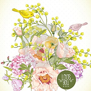 Spring Floral Bouquet with Birds, Greeting Card