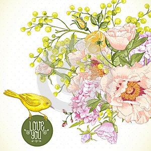 Spring Floral Bouquet with Birds, Greeting Card