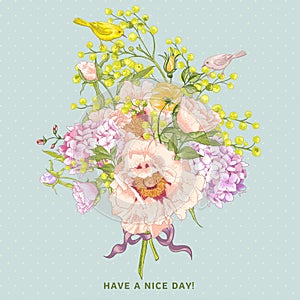Spring Floral Bouquet with Birds, Greeting Card