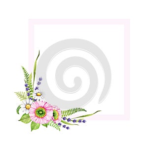 Spring floral decorative frame in tender colors. Watercolor illustration. Hand drawn pink poppy, daisy, lavender flowers