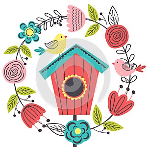 Spring floral frame with bird and birdhouse