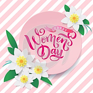 Spring Floral Frame. Greeting Card with Blooming garden flowers Lettering text Womens Day. Promotion offer for summer
