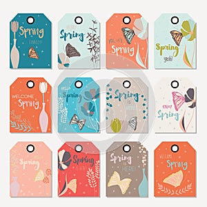 Spring floral gift tag design, with hand drawn flowers, floral elements, vases and monarch butterflies