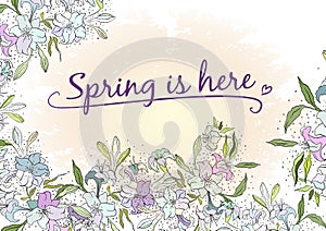 Spring floral invitation design. Vector drawn lily flowers