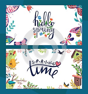 Spring floral postcard vector illustration. Hello spring template poster with decorative butterfly. Spring time seasonal